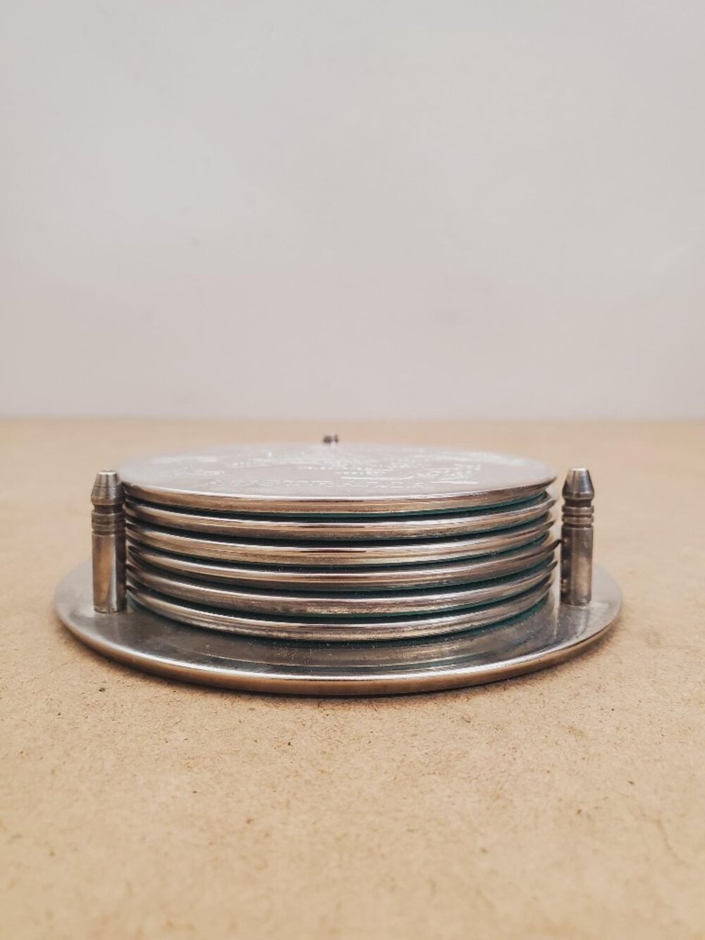 Vintage Trempest Silver coaster set of 6 with holder / vintage tea coasters